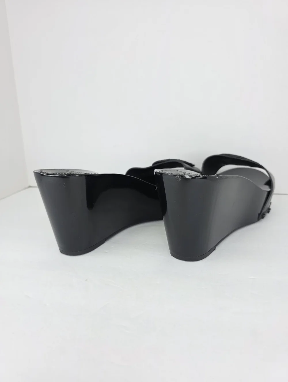 Tory Burch Patti Black Patent Slides Platform Wedge Heels Leather Sandals 9.5M